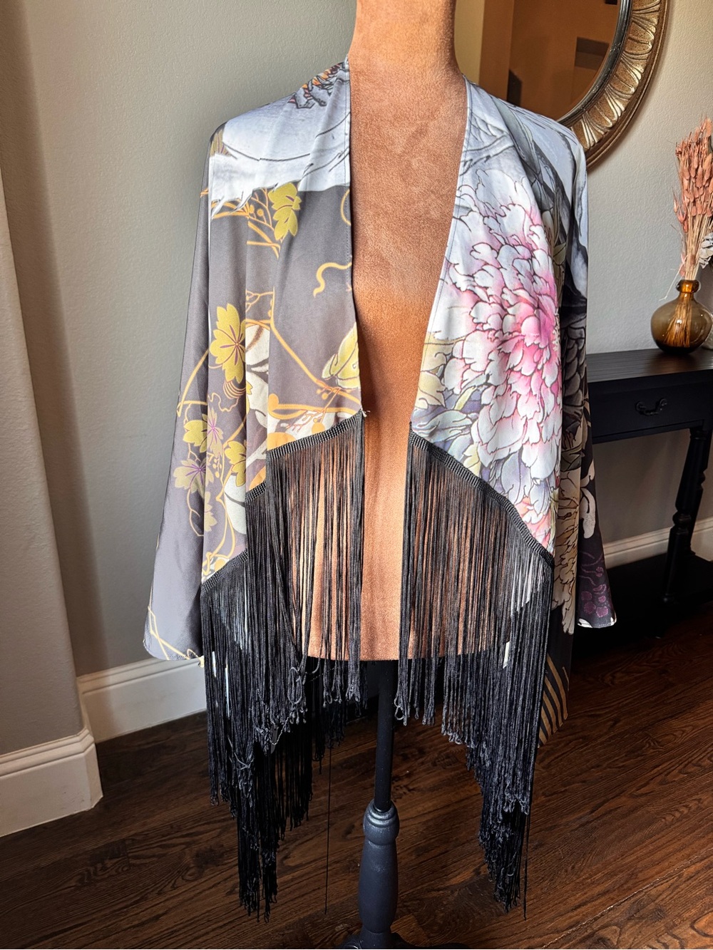 John John | Brazilian Koi Floral Fringe Art Deco Kimono Jacket | One Size | Boho